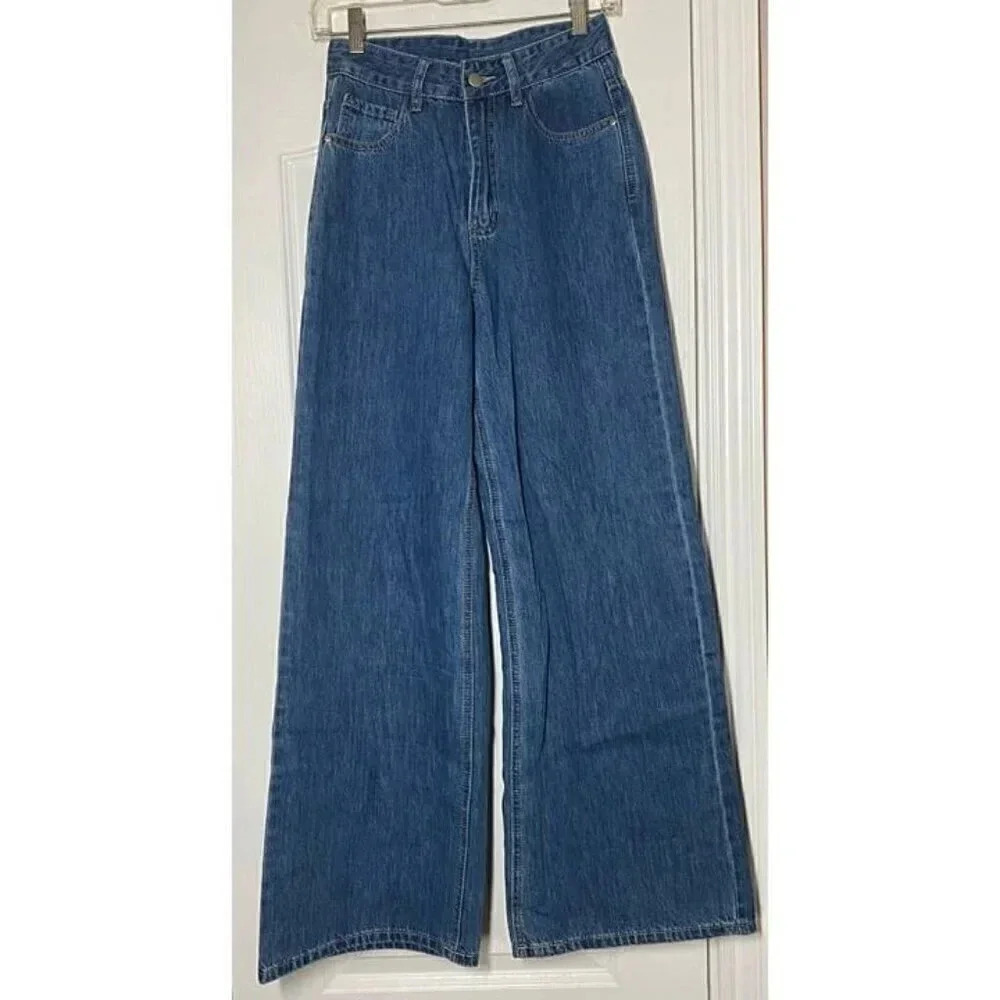 Shein Junior Women's Y2K High Rise Wide Leg Zip Blue‎ Denim Jeans Size XS NWOT